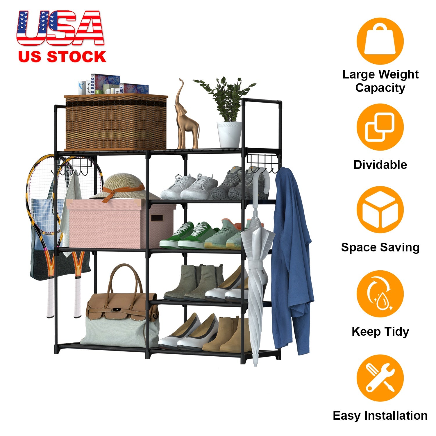 5 Tiers Plus 3 Tiers Shoe Rack Metal Shoe Storage Shelf Free Standing Shoe Stand 16+ Pairs Shoe Tower Unit Tall Shoe Organizer with 2 Row Hooks for En