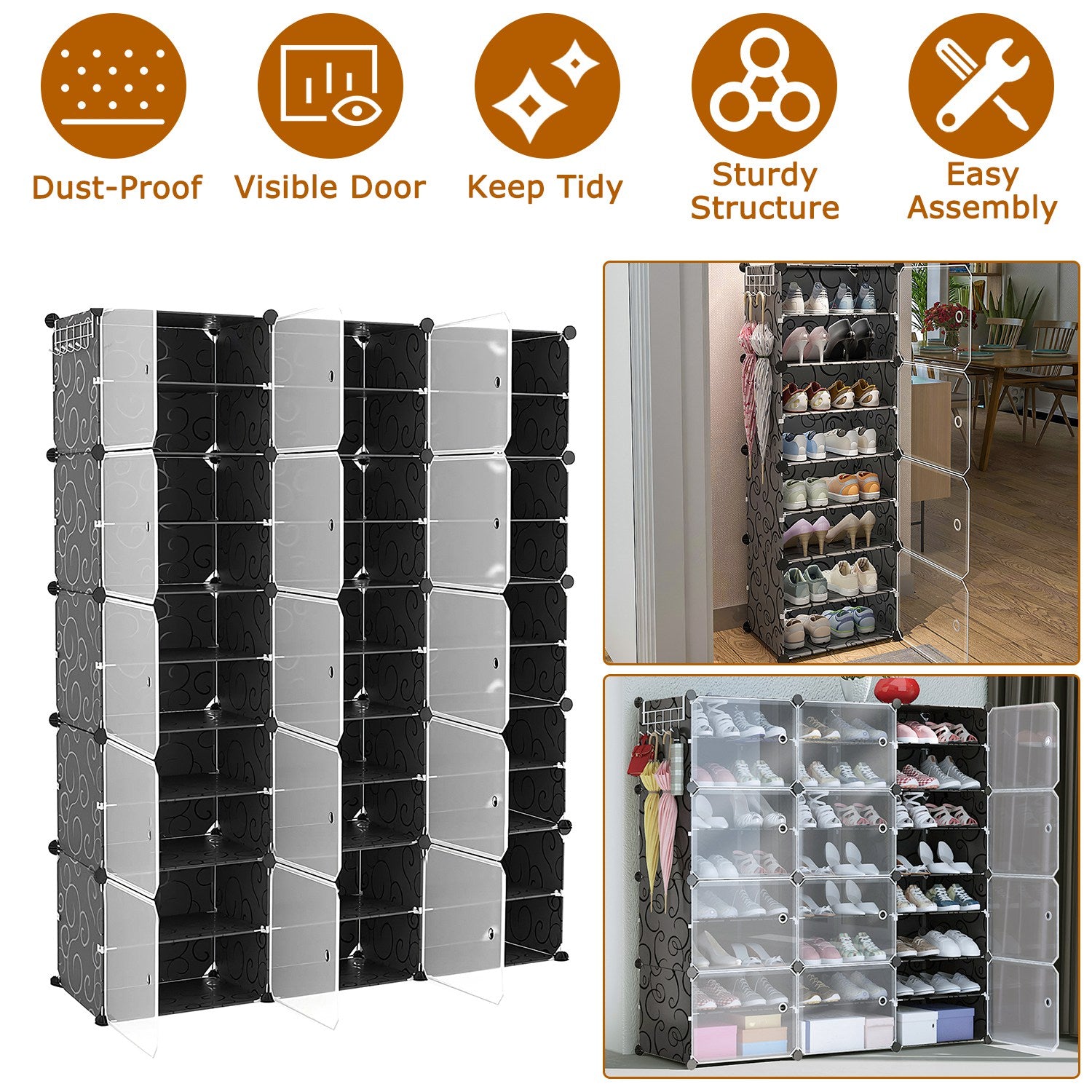 10-Tier 3-Row Shoe Rack Organizer Stackable Free Standing Shoe Storage Shelf Plastic Shoe Cabinet Tower with Transparent Doors for Heels Boots Slipper
