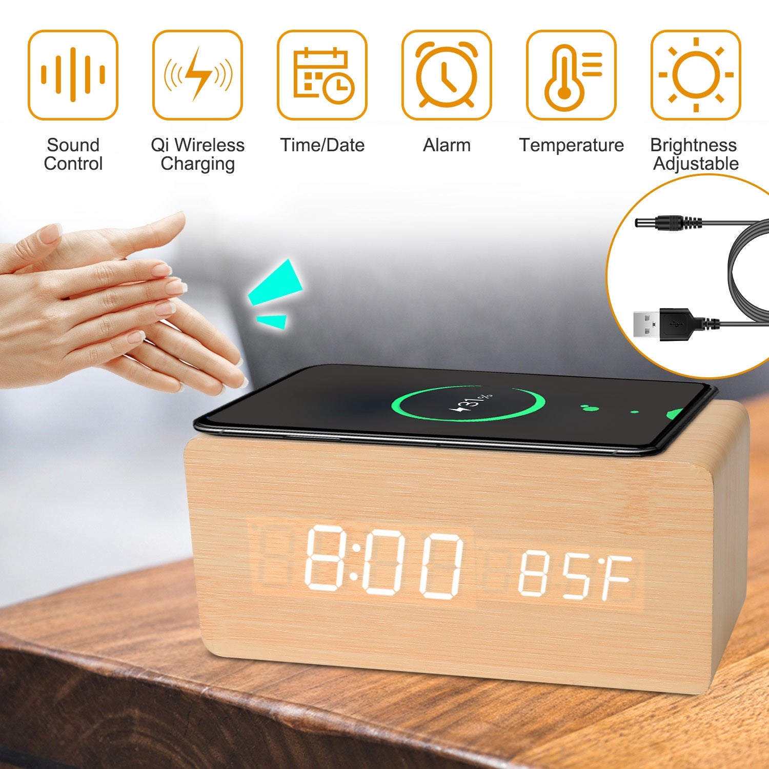Digital Alarm Clock Qi-Wireless Charger Time Temperature Calendar Display Clock w/ Voice Control Brightness Adjustment (Bamboo Color)