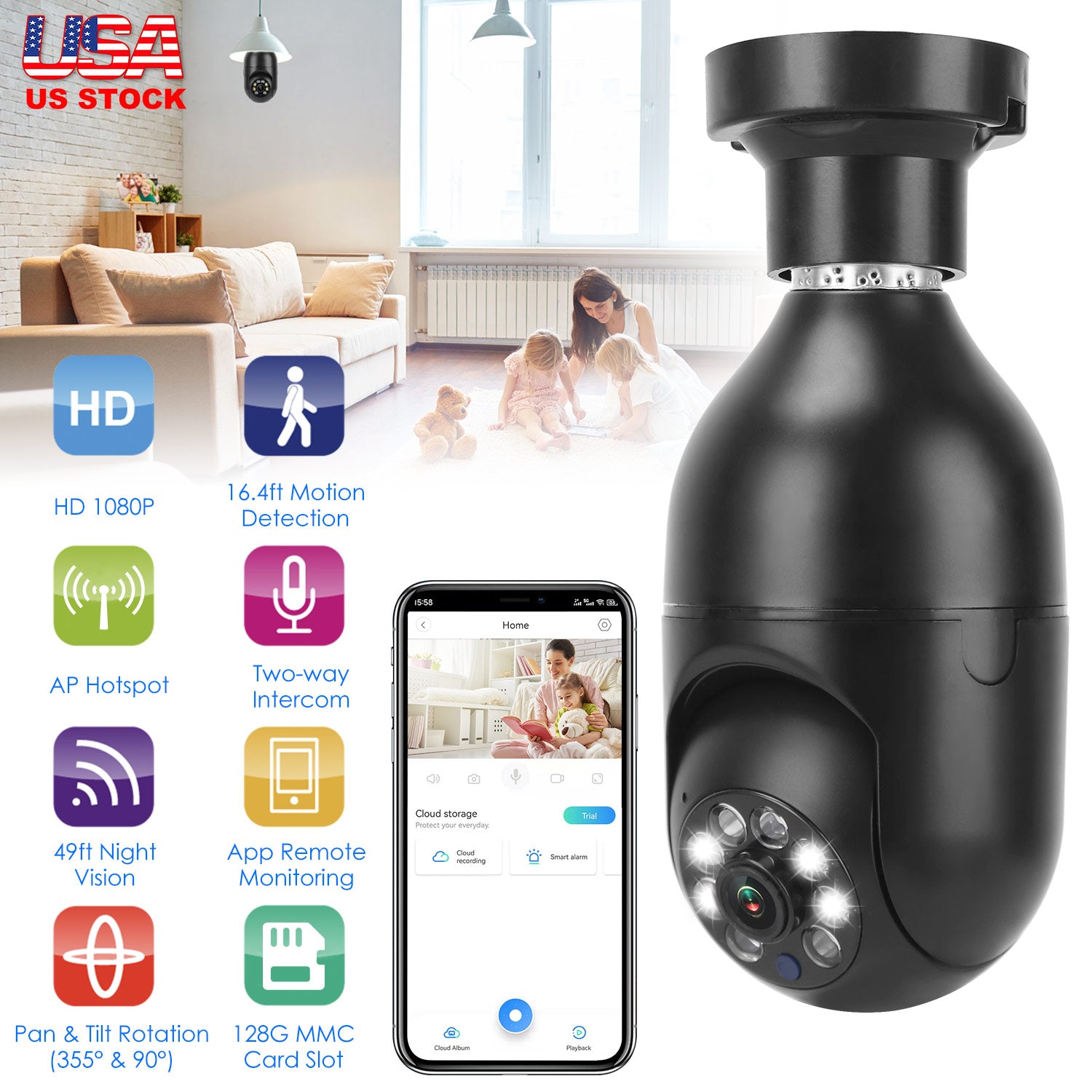 E27 WiFi Bulb Camera 1080P FHD WiFi IP Pan Tilt Security Surveillance Camera with Two-Way Audio Night Vision Motion Detection Function APP Control