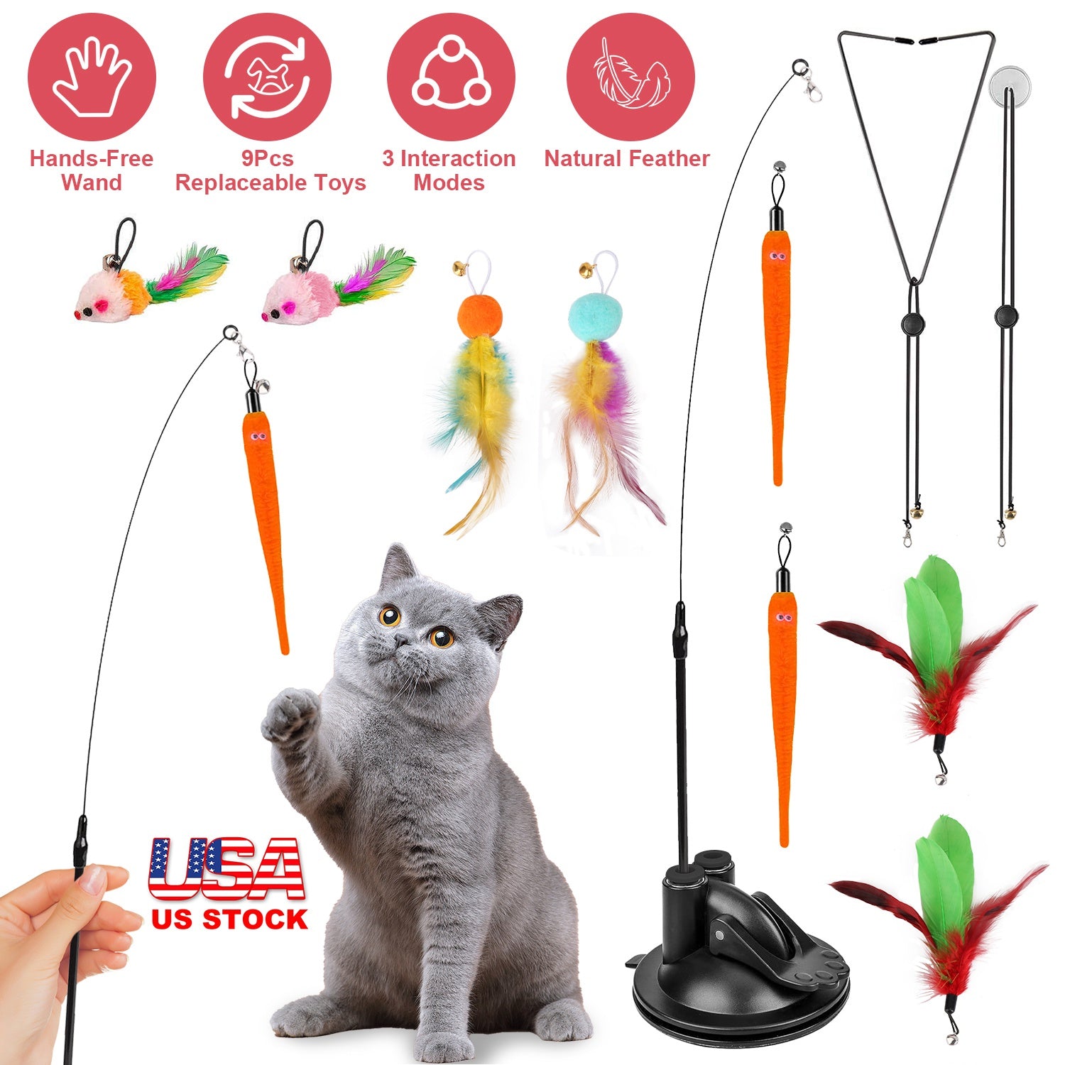 2 Cat Wand Toys with Suction Cup Double Head Interactive Cat Feather Toy 9Pcs Teaser Replacements with Bell Cats Self Playing Hanging Indoor Cat Toy