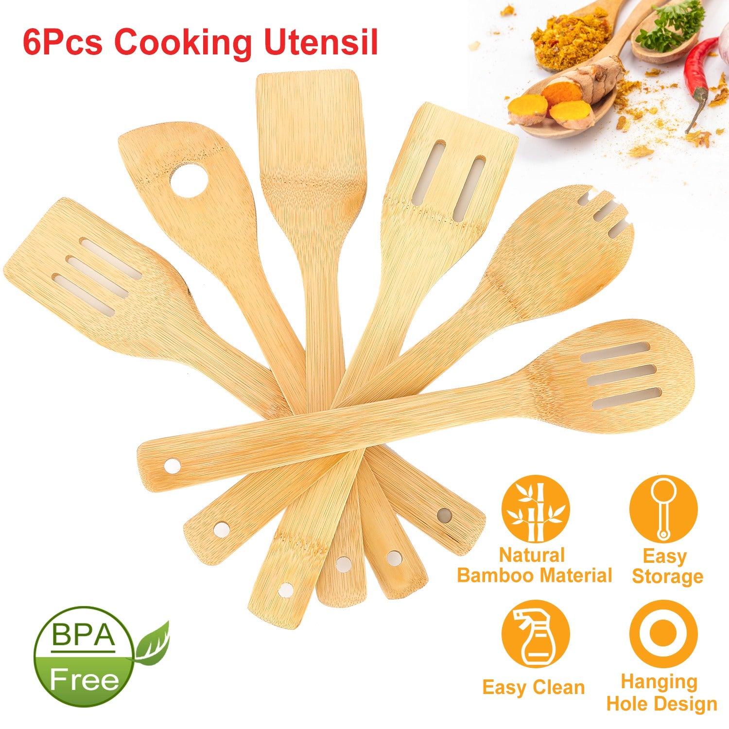 6Pcs Cooking Utensil Bamboo Wooden Spoons Spatula Kitchen Cooking Tools Nonstick Wooden Cookware Kitchen Gadgets