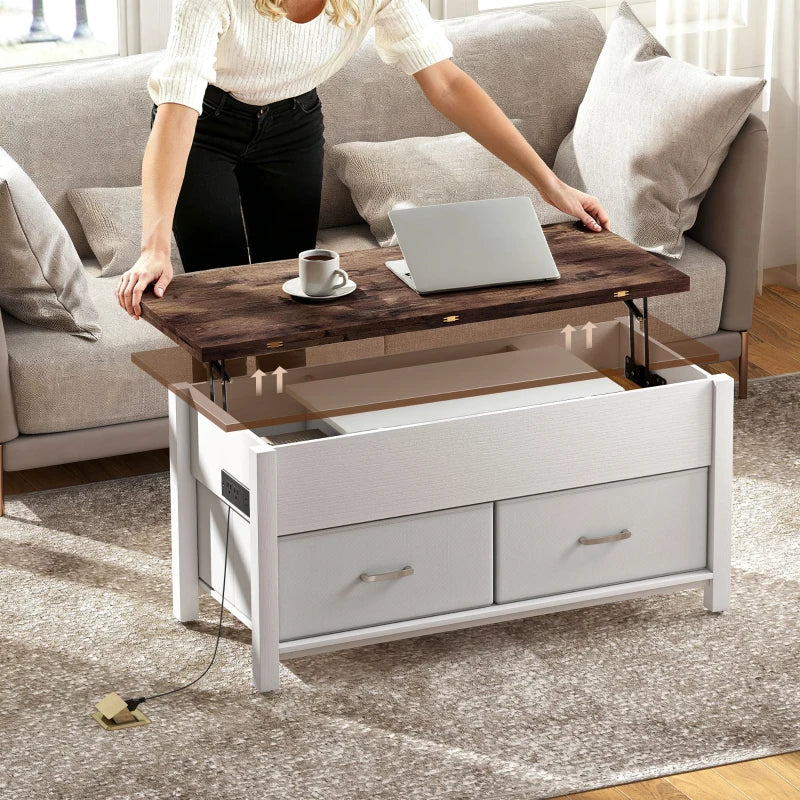 Lift Top Coffee Table, Center Table with 3 Hidden Compartments, 2 Fabric Drawers, Expandable Top and Charging Station