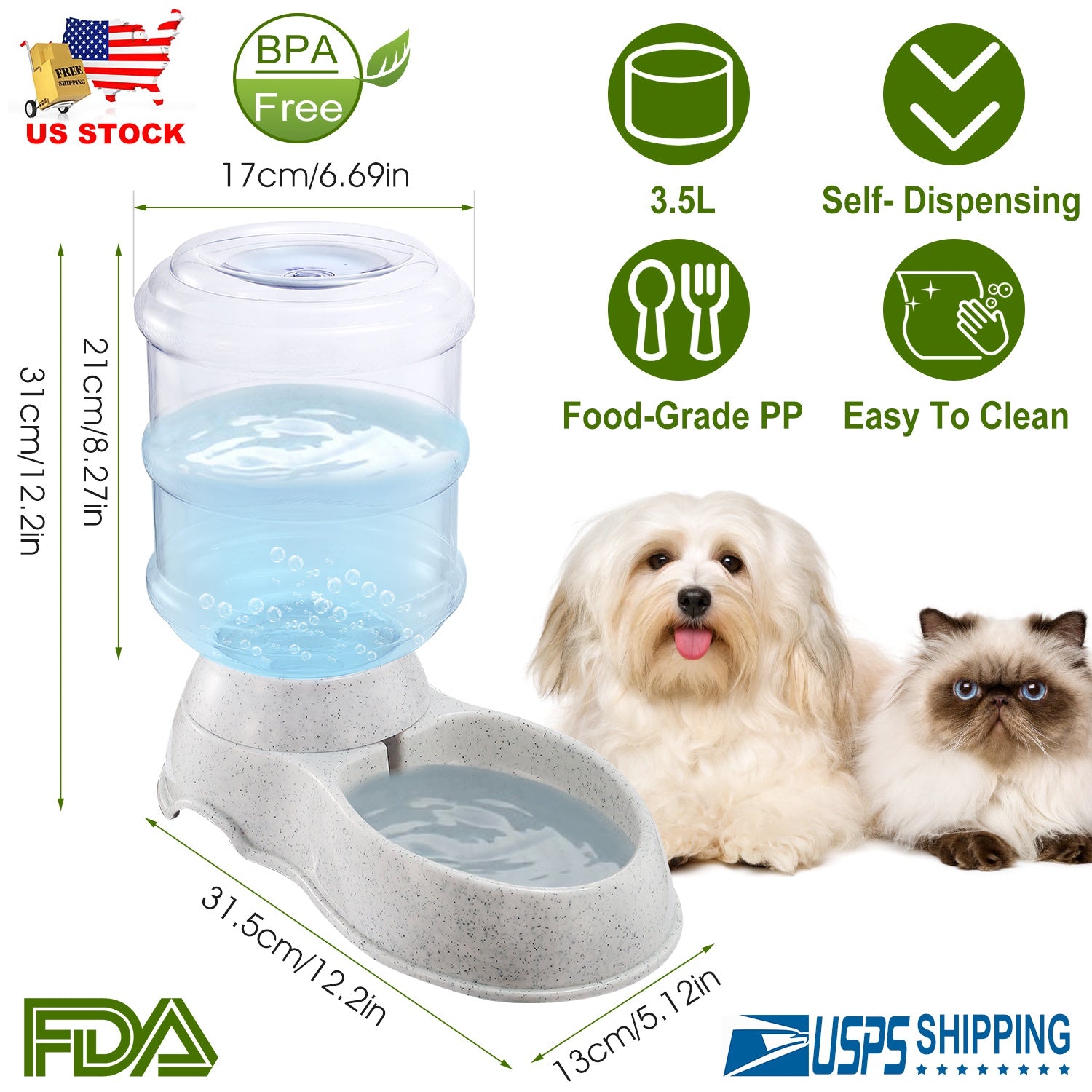3.5L/1Gal Pet Water Dispenser Self-Dispensing Gravity Pets Water Feeder Automatic Pet Waterer Cat Dog