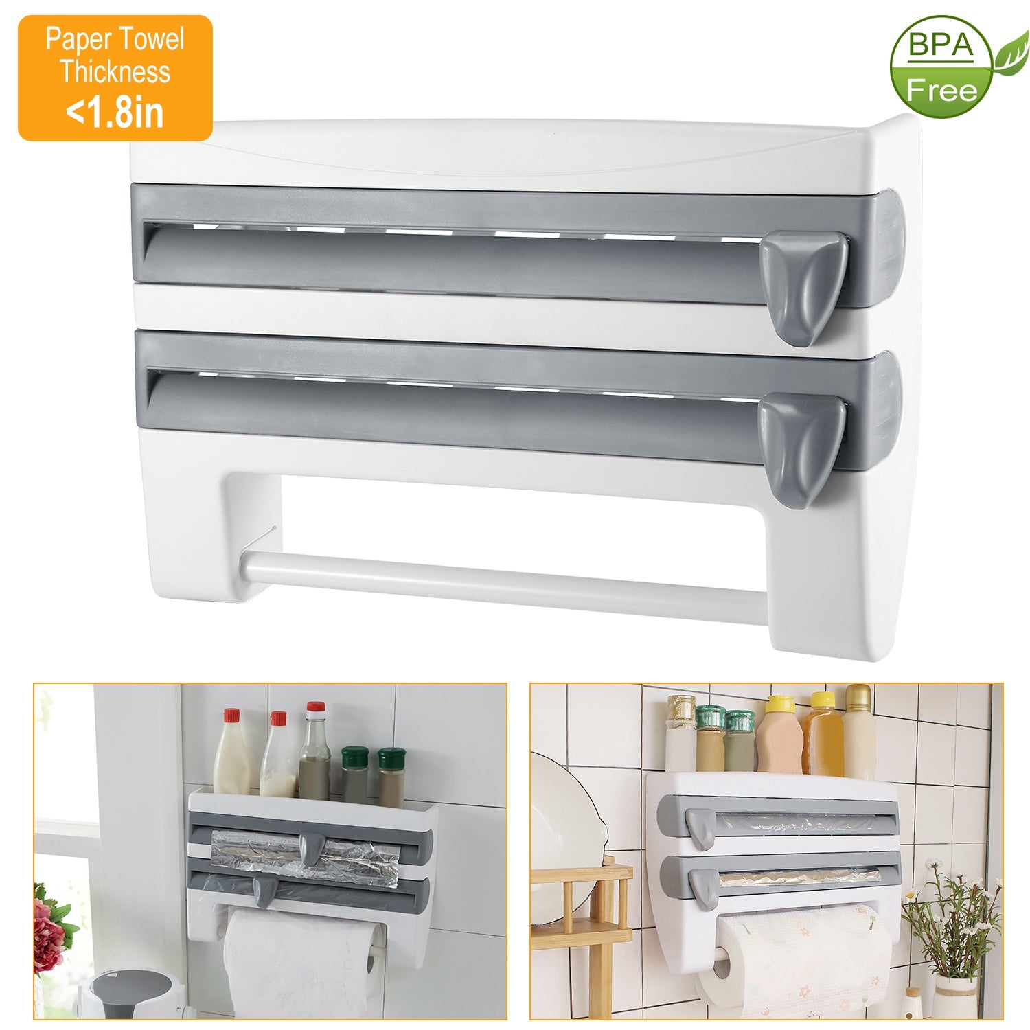 Kitchen Roll Dispenser Paper Roll Holder Plastic Wrap Film Foil Paper Organizer w/ Cutter Wall Mounted for Kitchen Bathroom