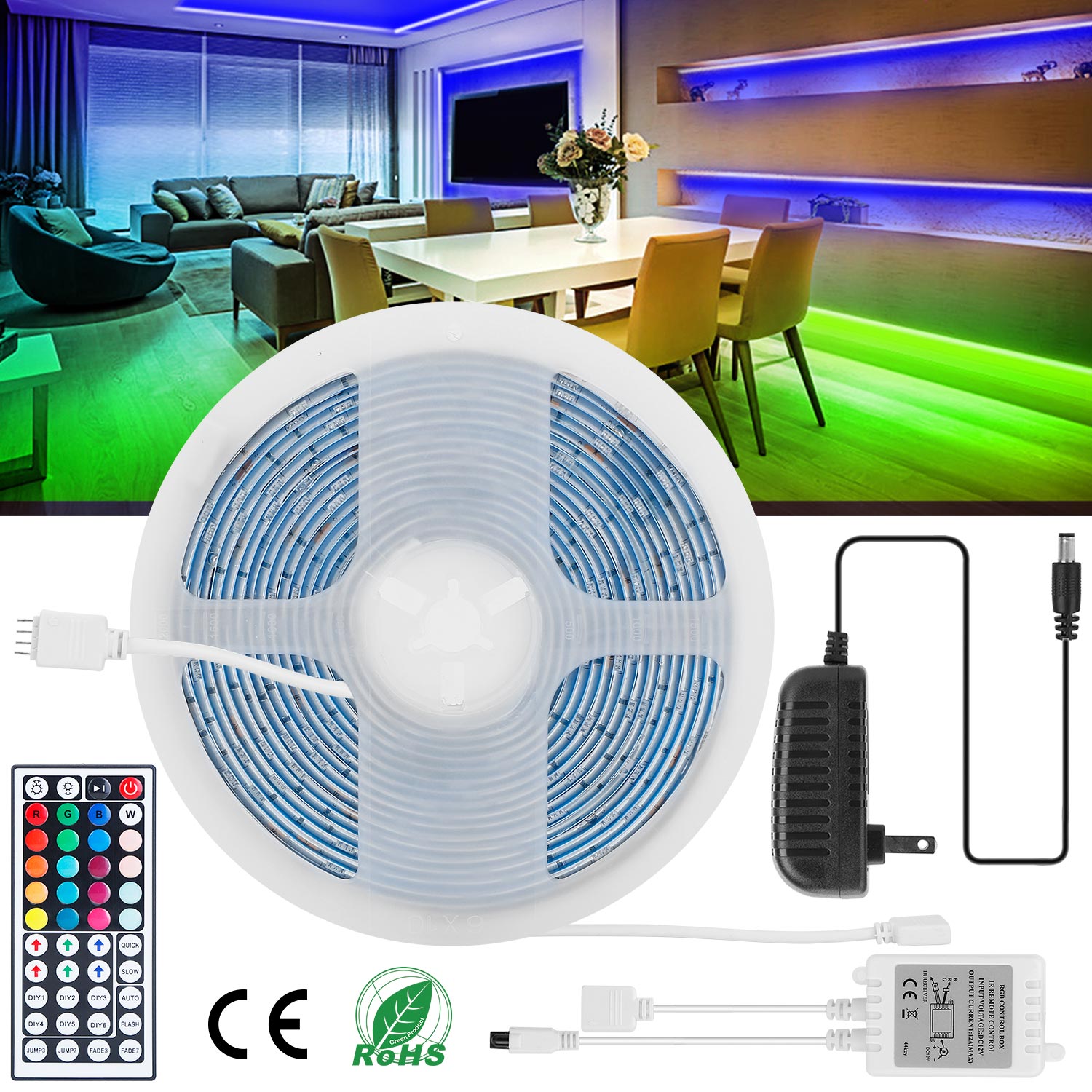 LED Strip Lights 16.4FT 150 LEDs RGB Color Changing Lamp IP65 Waterproof 5050 LED Dimmable LED Decorative Lights DIY Strip Lights w/ IR Remote