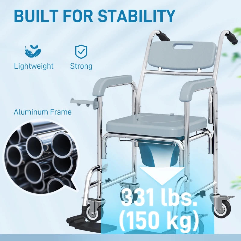 Rolling Shower Chair, Bedside Commode Chair with Wheels, Backrest, Arms, Flip Footrests for Seniors, Disabled, Grey