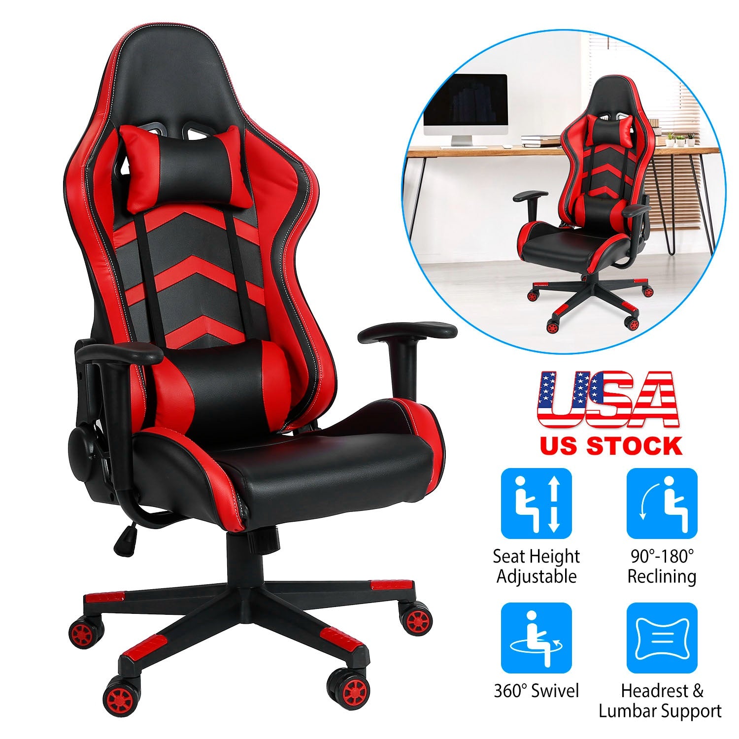Gaming Racing Chair Ergonomic PC Computer Chair E-Sports Gamer Office Task Swivel Chair w/ Height Adjustment Headrest Lumbar Support 265lbs Load Capac