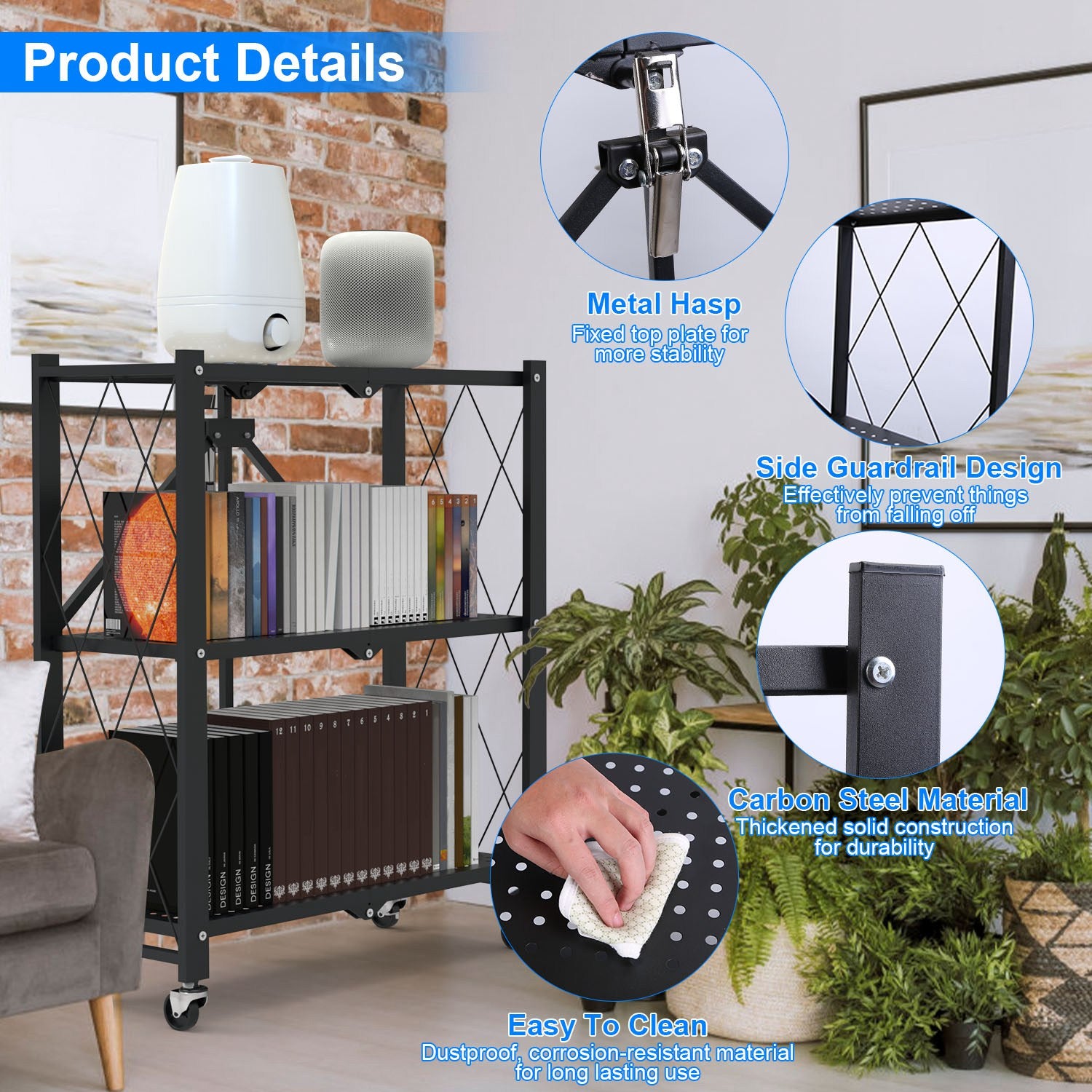 3-Tier Foldable Storage Shelf With Lockable Wheels No Assembly Rolling Utility Shelf Heavy Duty Collapsible Organizer Rack For Kitchen Living Room Bas