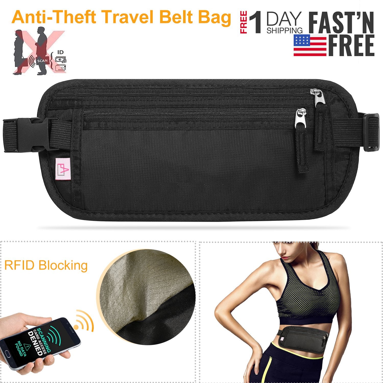 Travel Money Belt Waist Bag Pack RFID Blocking Anti-Theft Waist Pouch Waterproof for Men Women