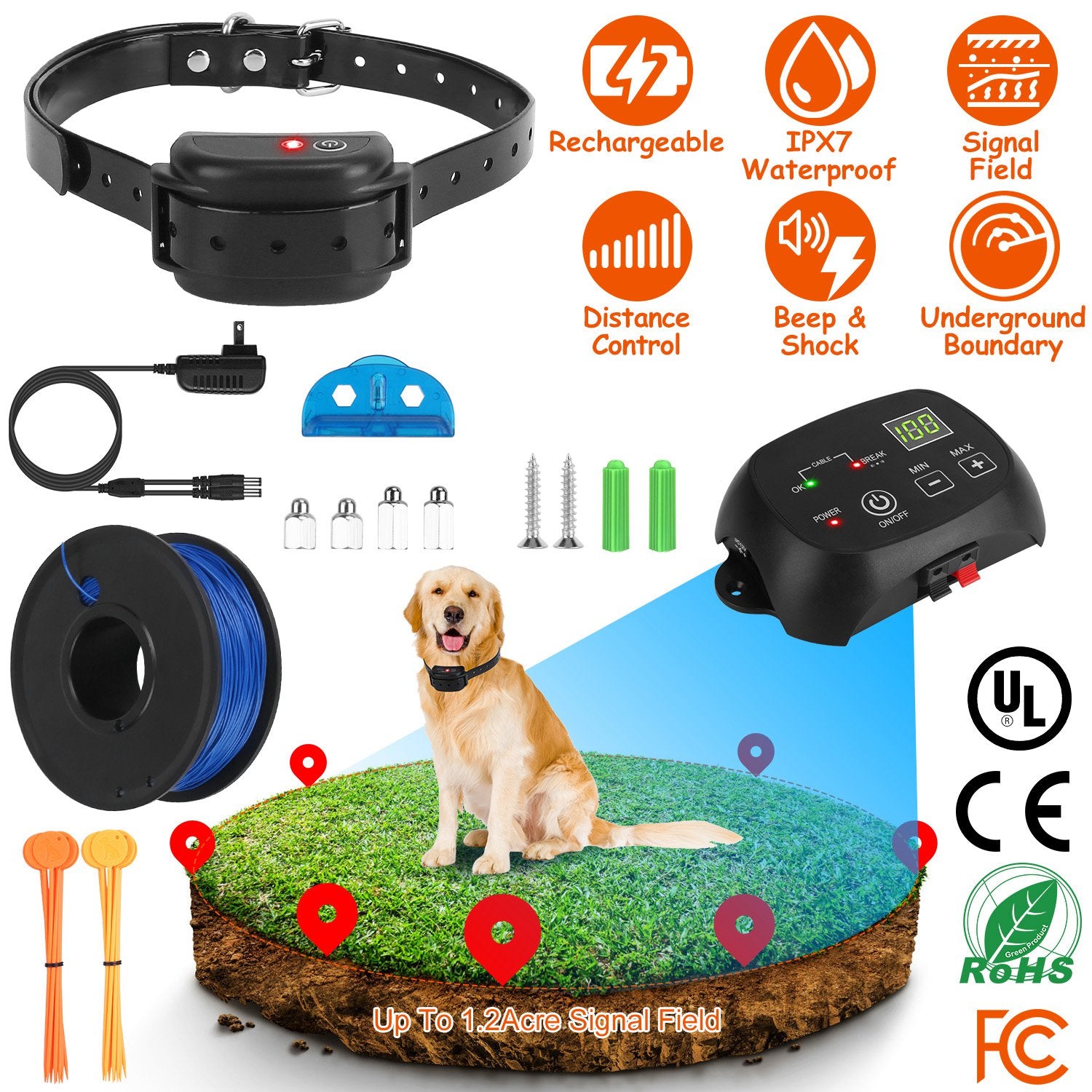 Dog Fence System Pet Containment System with 100 Adjustable Levels IPX7 Waterproof Rechargeable Receiver Underground Fence for Small Medium Large Dog