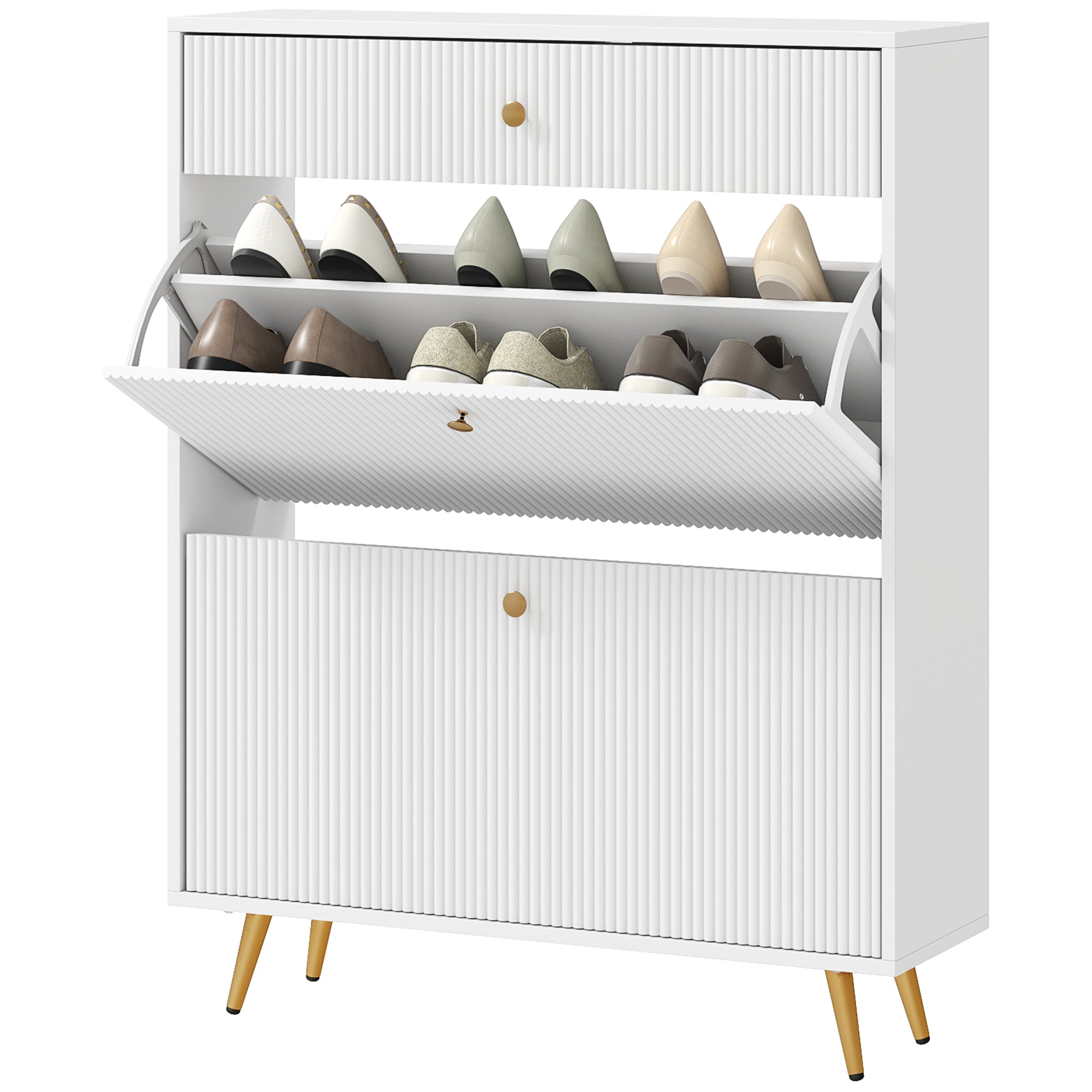 HOMCOM Narrow Shoe Storage Cabinet with Wave-like Panels and Adjustable Shelves for 12 Pairs of Shoes, White