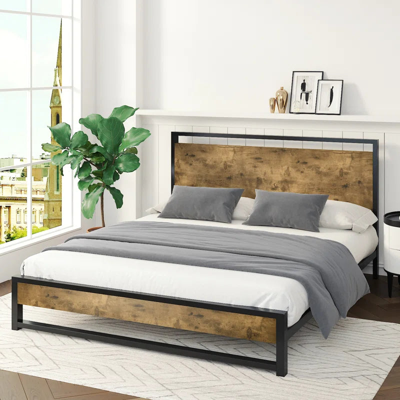 Fenham Black Metal Platform Bed with Industrial Wood Headboard
