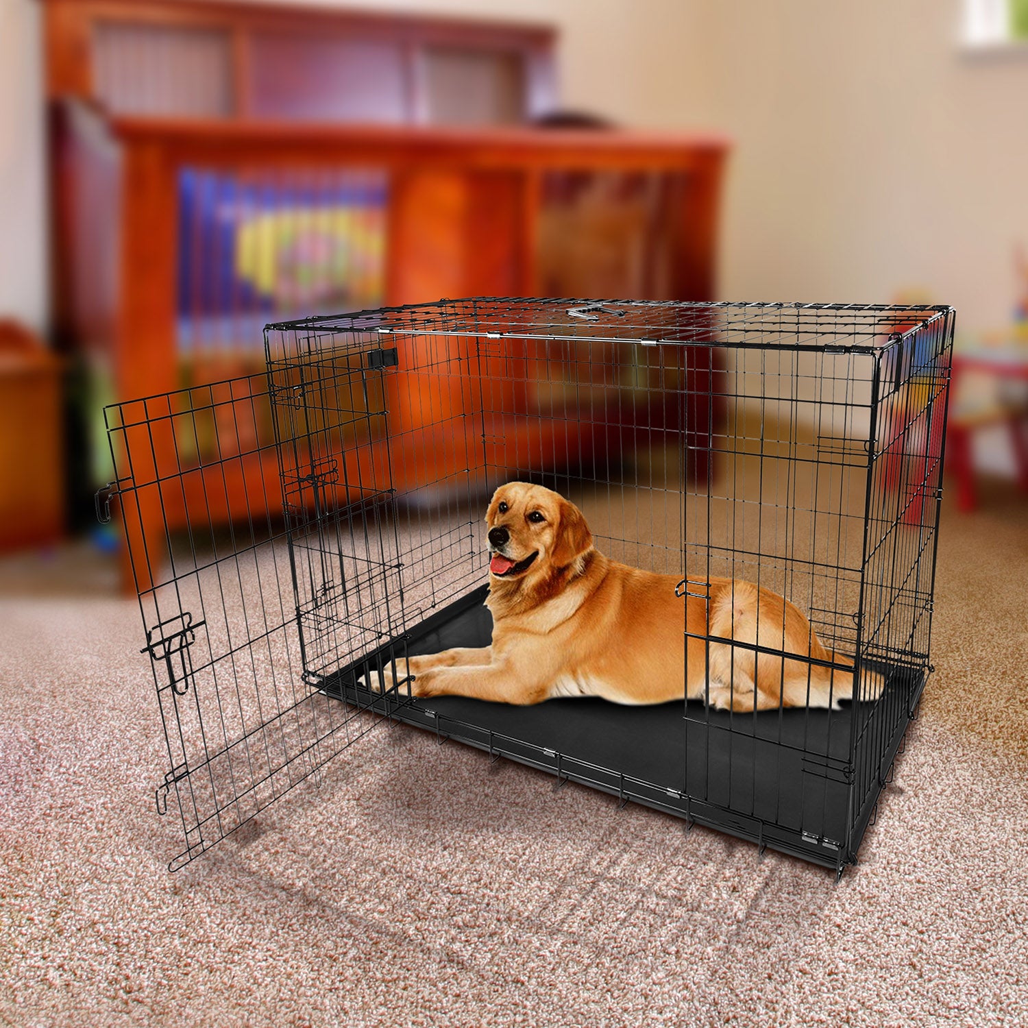 36inches Dogs Crate Folding Metal Pets Crates Double Door Puppy Cage Easy Set Up