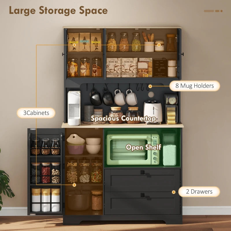 Kitchen Pantry Cabinet, 64" Tall Kitchen Hutch with 3 Cabinets, 2 Drawers, Adjustable Shelves, Microwave Stand, Black