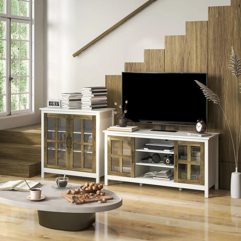 Kitchen Sideboard, Glass Door Buffet Cabinet, Accent Storage Cabinet with 2 Glass Doors and Adjustable Shelf for Dining Room, Living Room, Distressed White