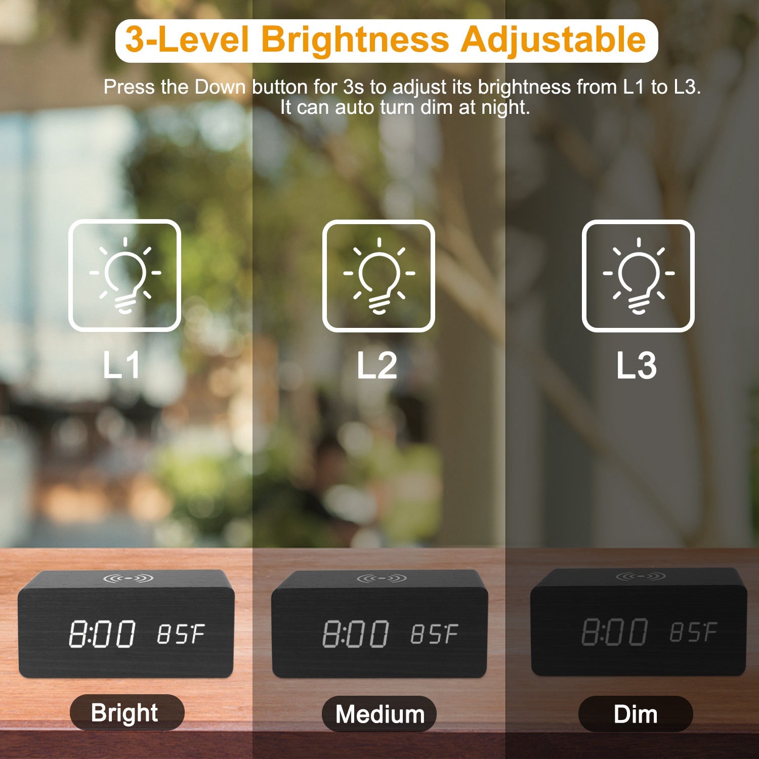 Digital Alarm Clock Qi-Wireless Charger Time Temperature Calendar Display Clock w/ Voice Control Brightness Adjustment (Bamboo Color)