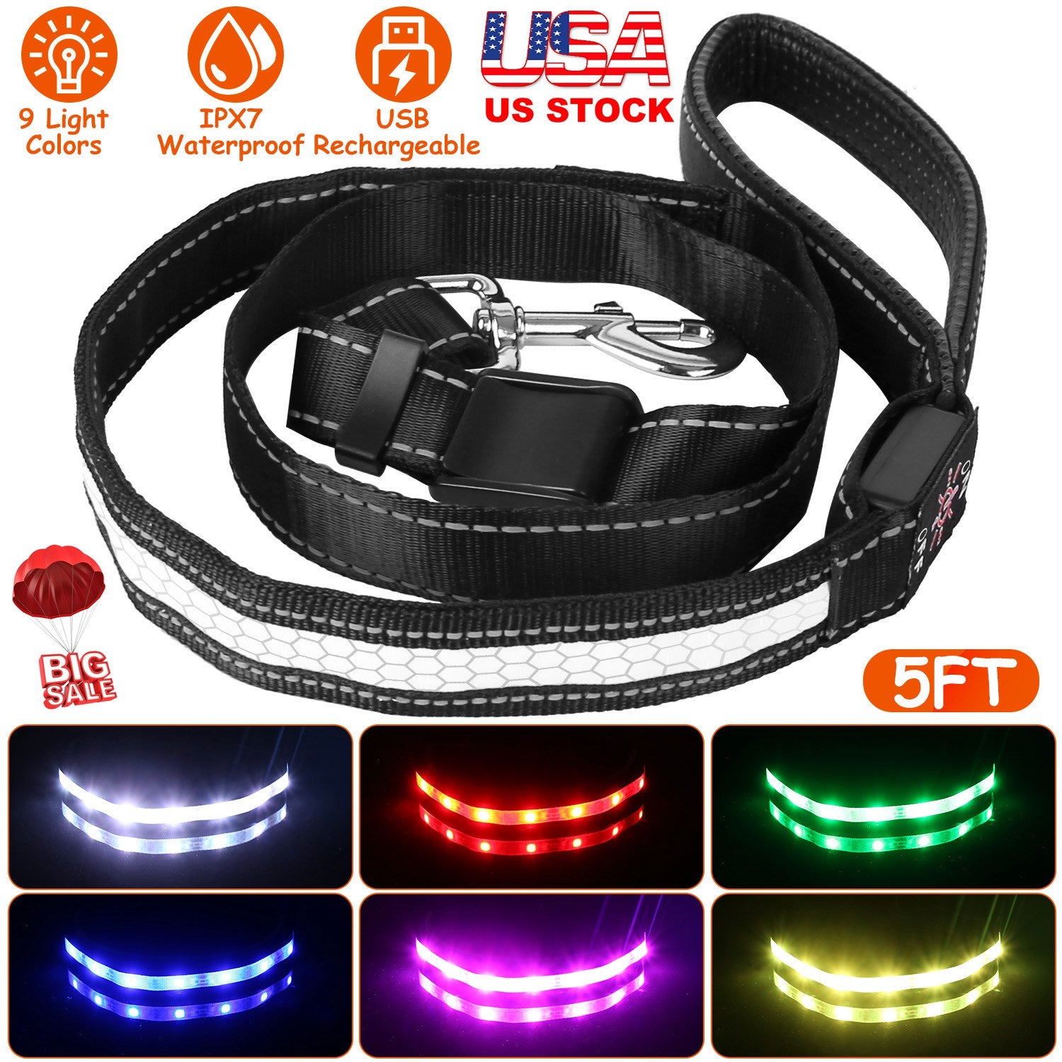 5FT Light Up Dog Leash LED Dog Leash Dog Walking Leash with 9 Light Colors IPX7 Waterproof USB Rechargeable