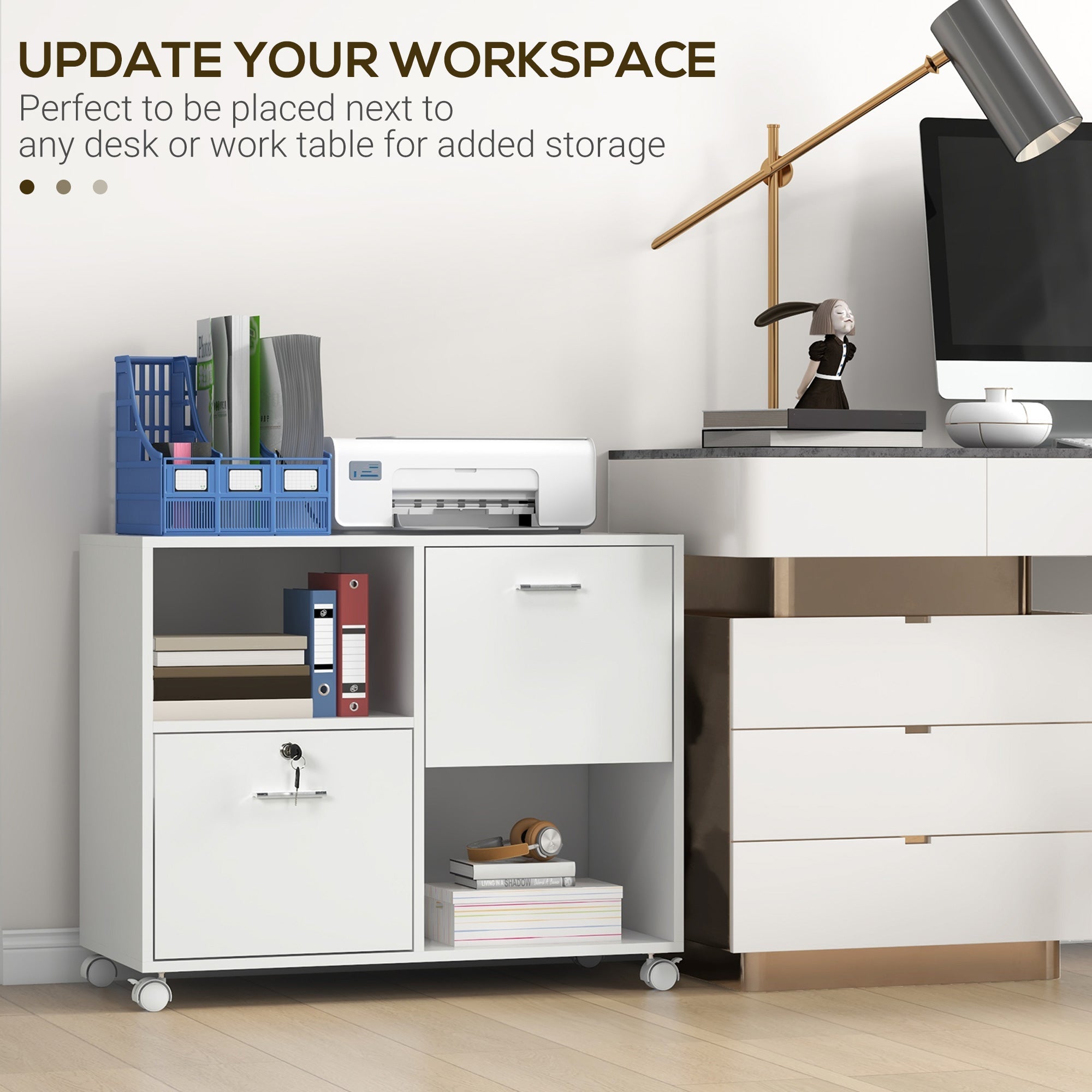 Vinsetto Lateral File Cabinet: Drawers, Lock, Open Shelves, Wheels for A4/Letter Size, White