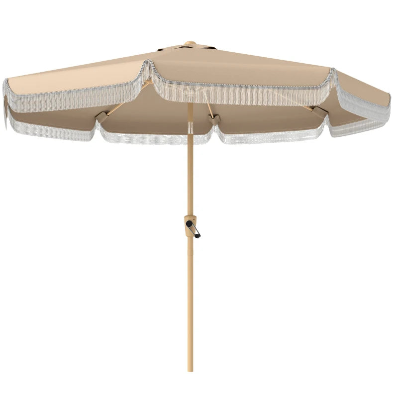 9 ft Patio Umbrella with Push Button Tilt and Crank, Fringed Outdoor Market Table Umbrella Parasol, Khaki