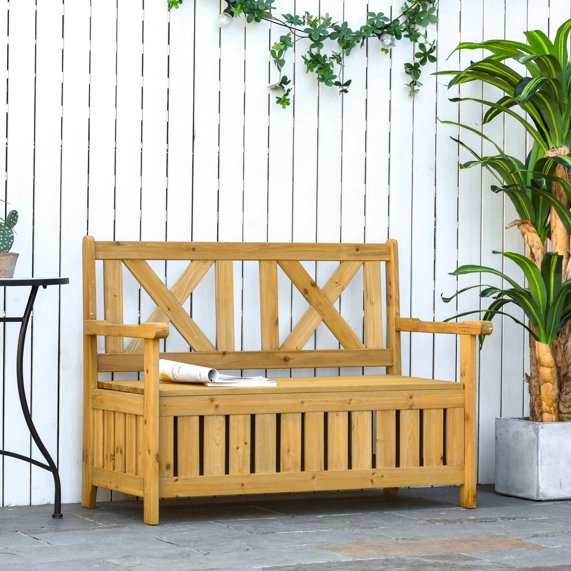 Outsunny Wooden Outdoor Storage Bench 2-Person Patio Bench with Louvered Side Panels and X-Shape Back for Garden, Patio, Natural