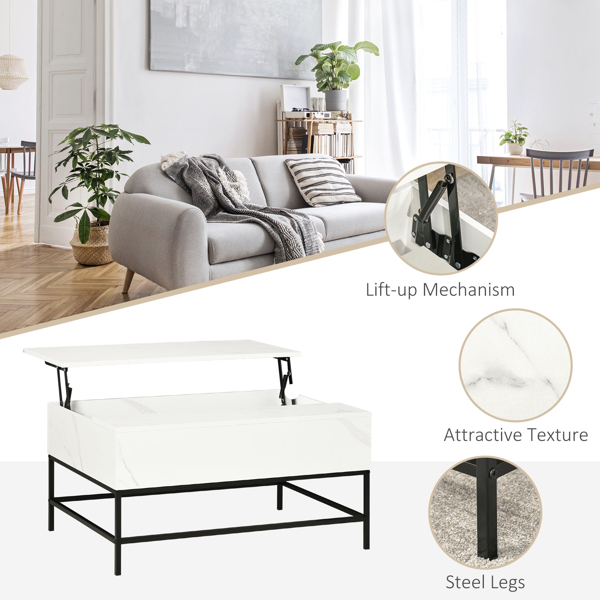 HOMCOM White Lift Top Coffee Table with Storage Organizer Modern Center Table for Living Room