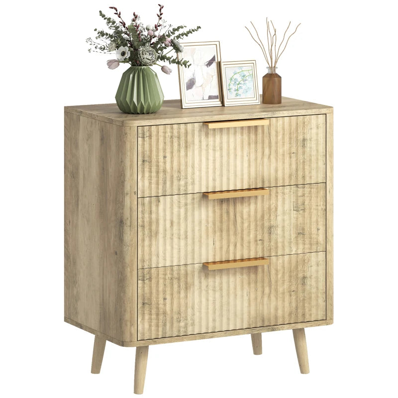 Fluted Chest of Drawers, Modern 3 Drawer Dresser with Pine Wood Legs, Finger Pulls for Closet, Living Room, Hallway, Oak