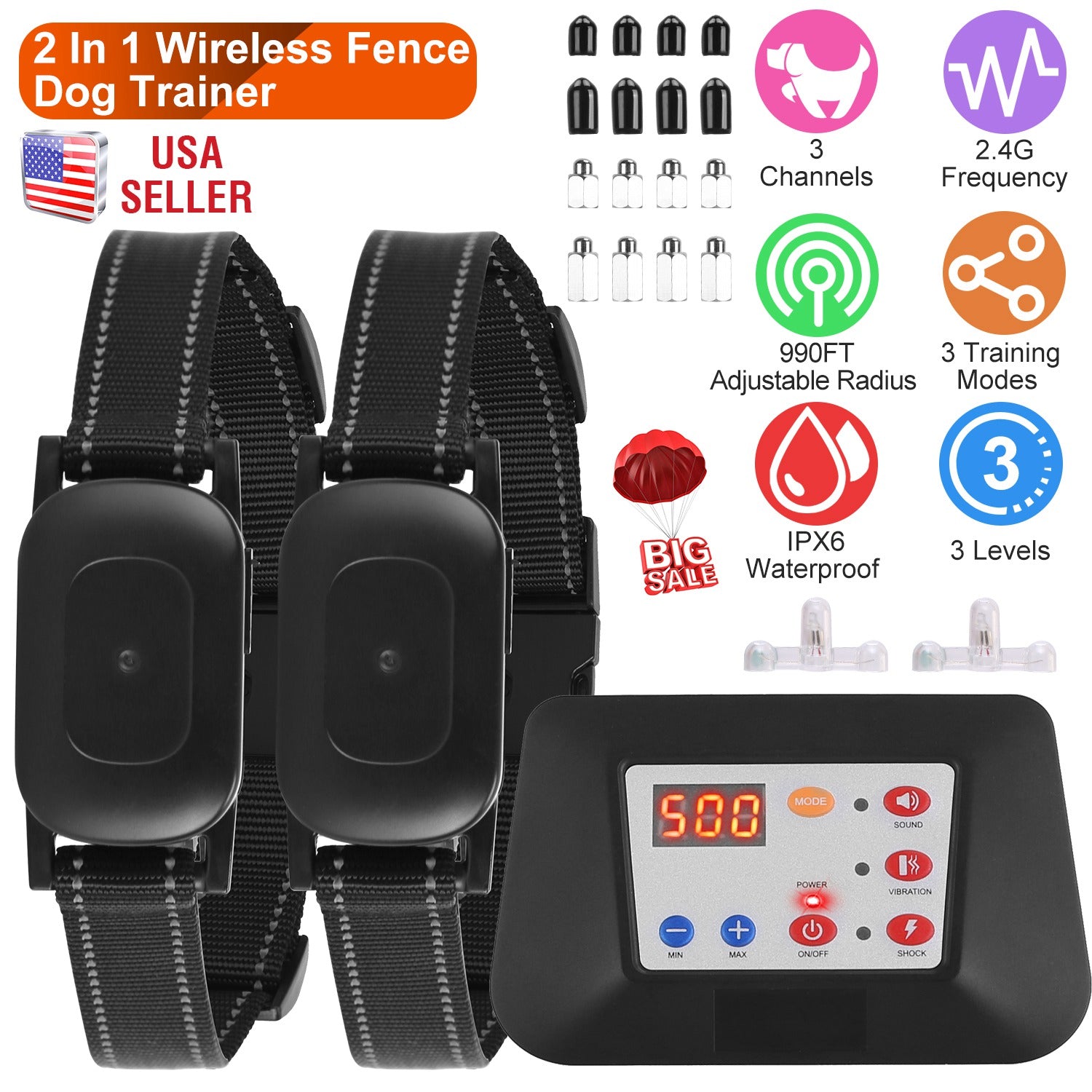 990FT Radius Dog Training Collar Wireless Fence IPX6 Waterproof Pet Beep Vibration Electric Shock Fence System 3 Channels Rechargeable Transmitter Rec