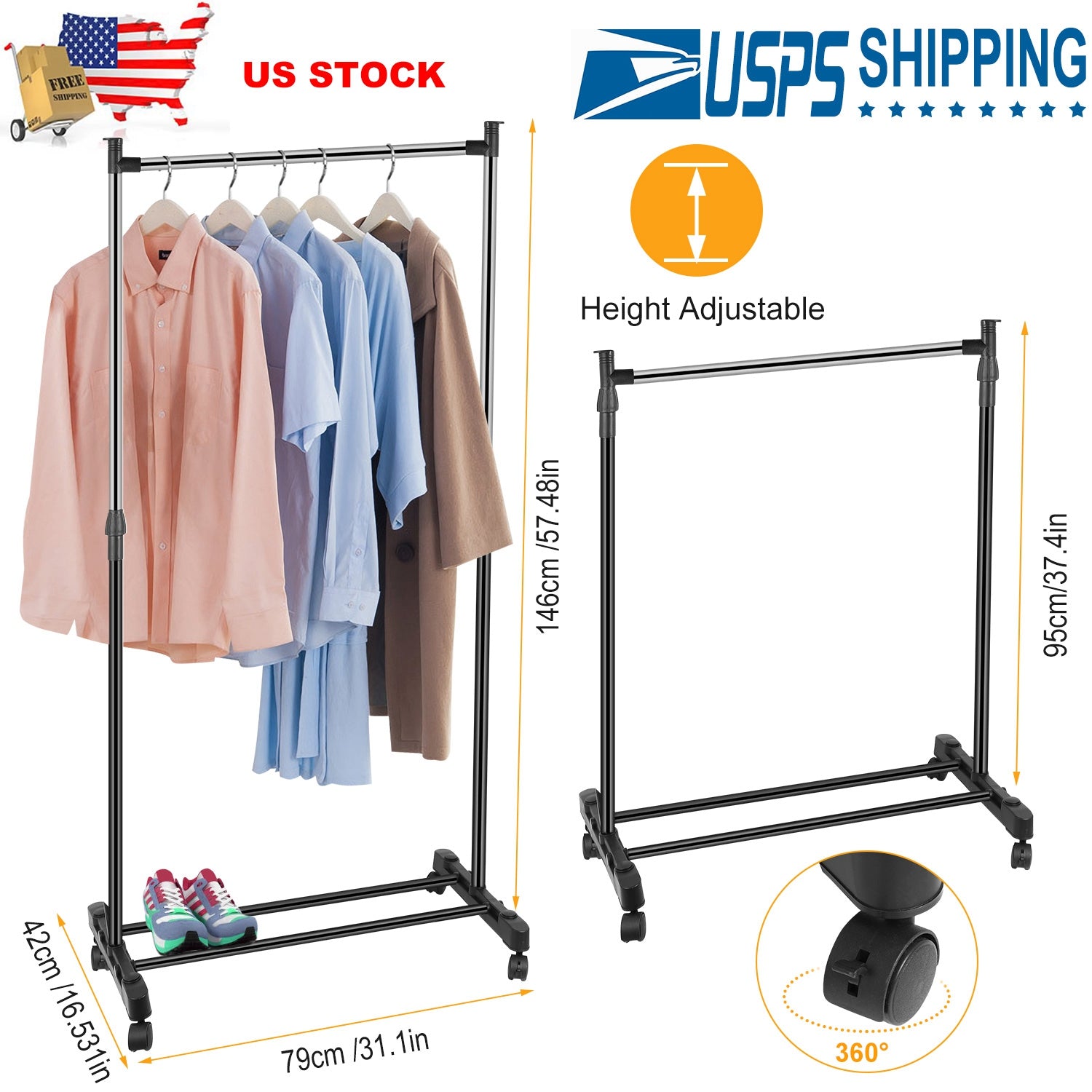 15kg/33lbs Garment Racks 3.12ft-4.80ft Height Adjustable Clothes Stand Foldable Clothes Hanger w/ Wheels Storage Shelf For Dormitory Home