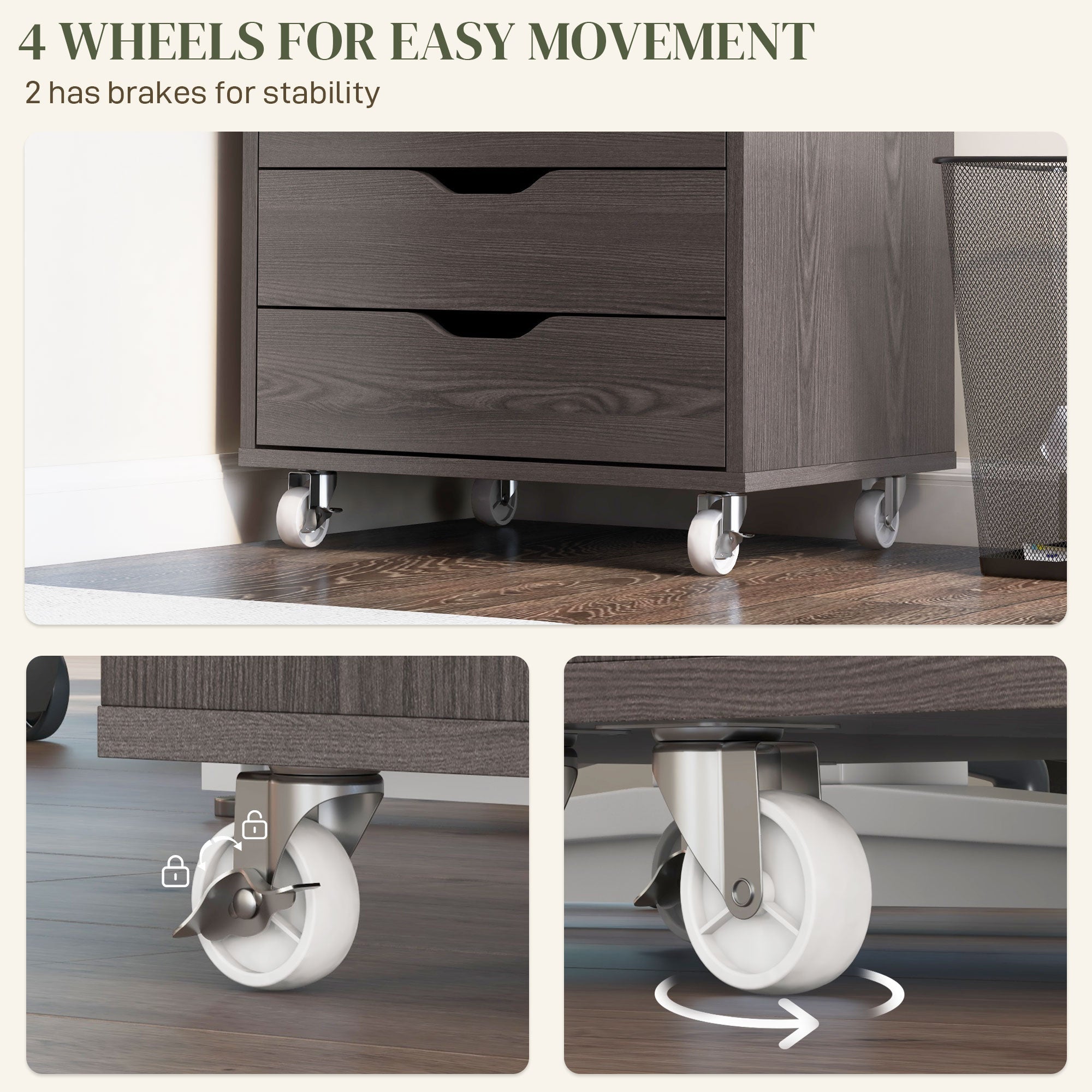 Vinsetto 7-drawer Vertical File Cabinet for Home Office, Storage Cabinet with Wheels, 18.7"x15.6"x35.4", Grey Wood Grain