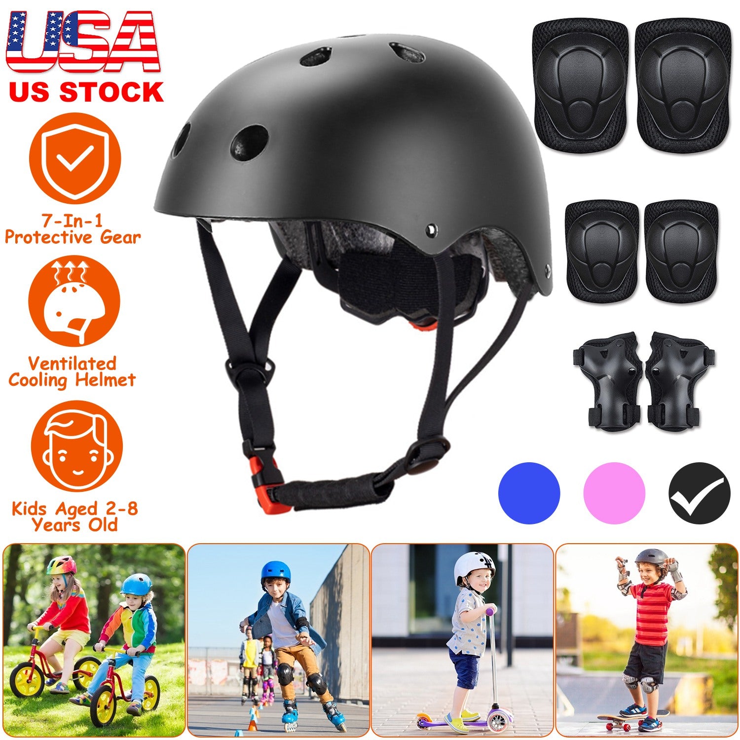 7Pcs Kids Safety Helmet Set Children Sports Protective Gear Set w/ Knee Pads Elbow Pads Wrist Guards For Cycling Bike Skate