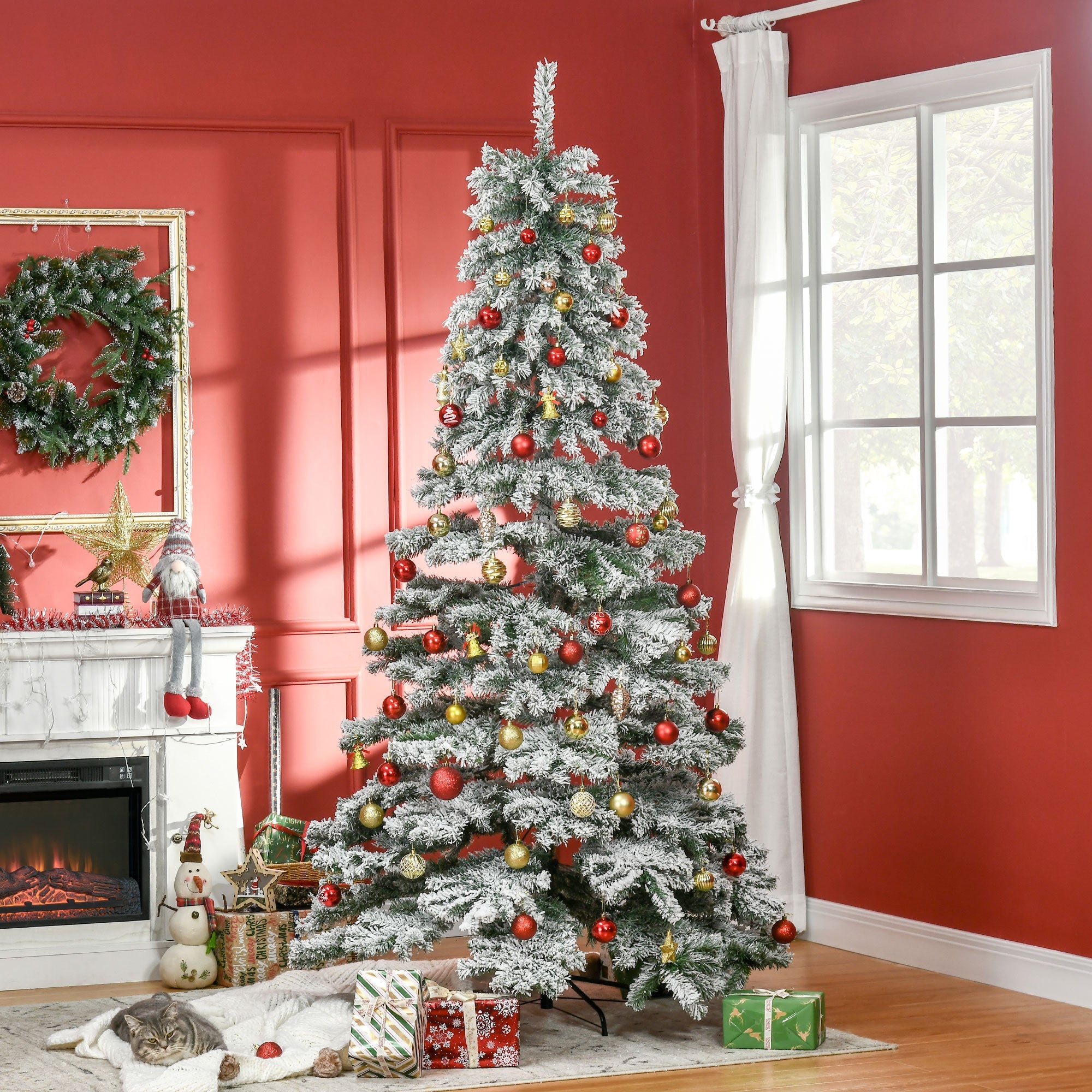 HOMCOM 7.5ft Snow Flocked Artificial Christmas Tree, Green Xmas Tree with Foldable Feet for Holiday Indoor Decoration