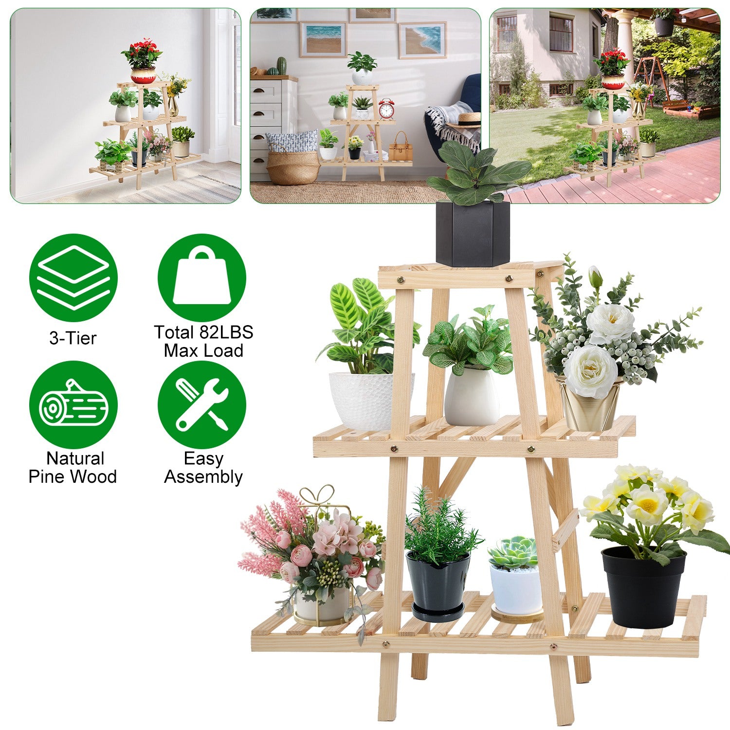 Wooden Plant Stand 3-Tier Potted Flower Shelf Multi-tier Flower Pot Rack Holder Triangle Ladder Plant Vase Display Rack 82lbs Max Load for Indoor Pati