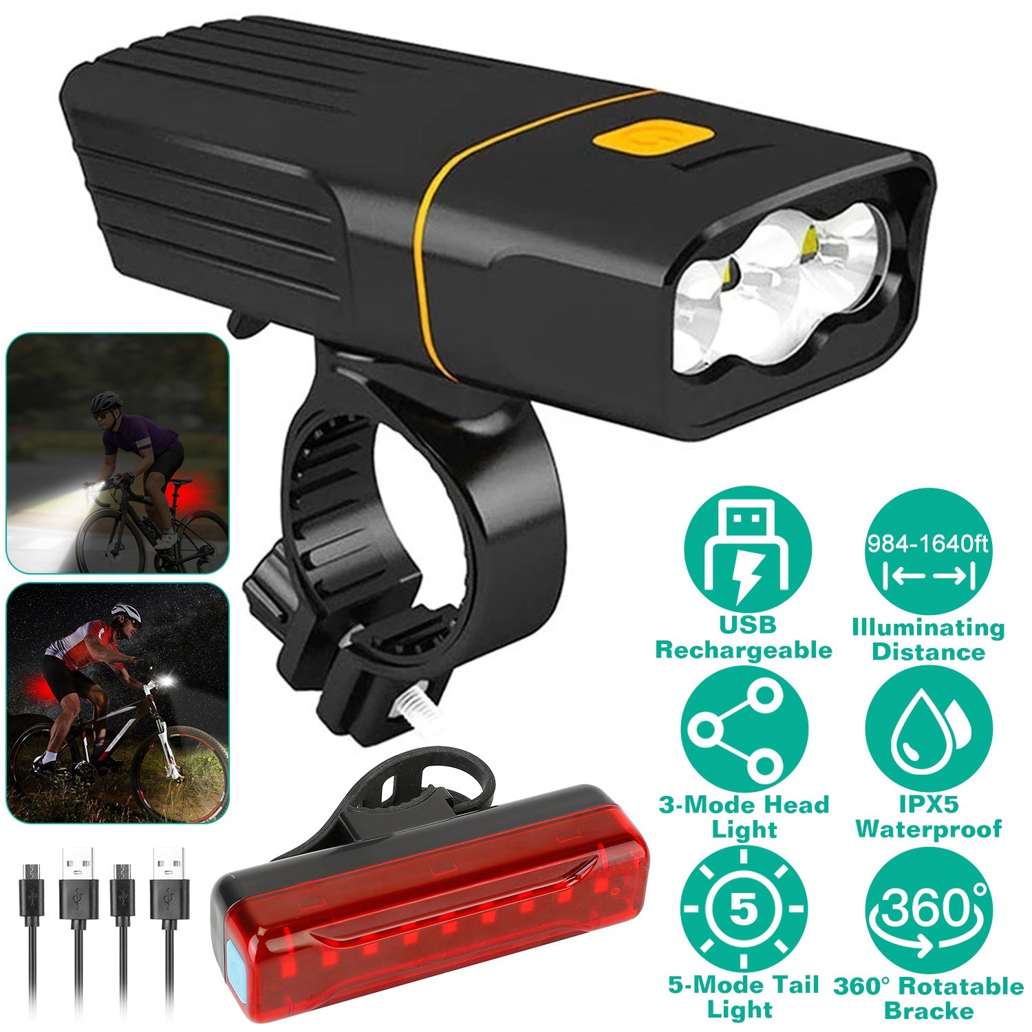 Super Bright Bike Light Set USB Rechargeable Headlight Taillight Set Waterproof LED Bicycle Front and Rear Lights for Night Riding Cycling