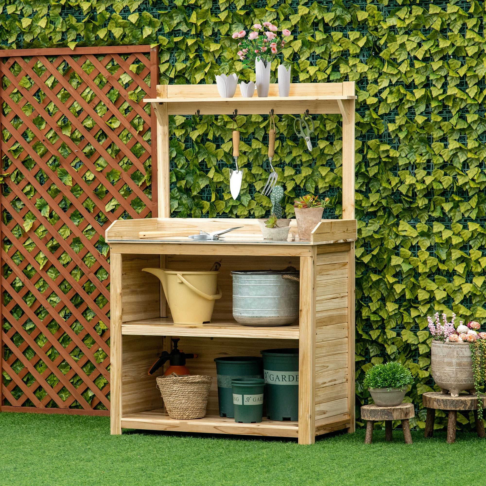 Outsunny Garden Potting Bench Table, Wooden Workstation Bench w/ Galvanized Metal Tabletop, Storage Shelves and Hooks