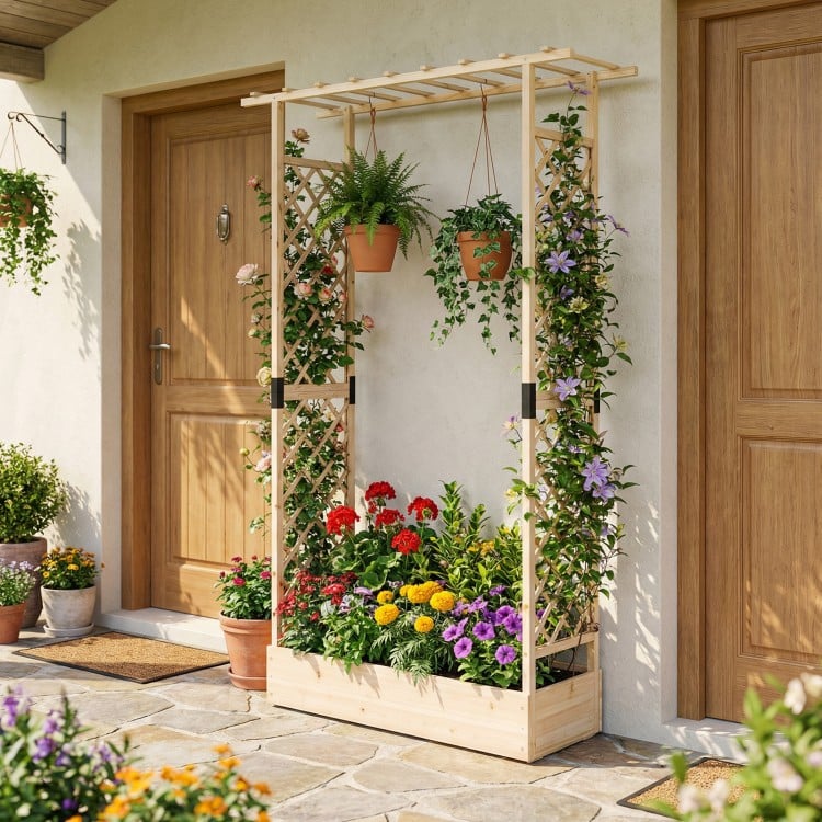 89 Inch Tall Wooden Raised Garden Bed with Side Trellis and Hanging Roof Drainage Holes-Natural