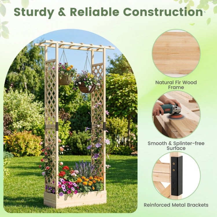 89 Inch Tall Wooden Raised Garden Bed with Side Trellis and Hanging Roof Drainage Holes-Natural