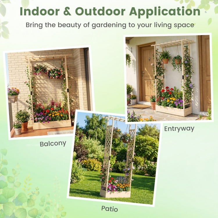 89 Inch Tall Wooden Raised Garden Bed with Side Trellis and Hanging Roof Drainage Holes-Natural