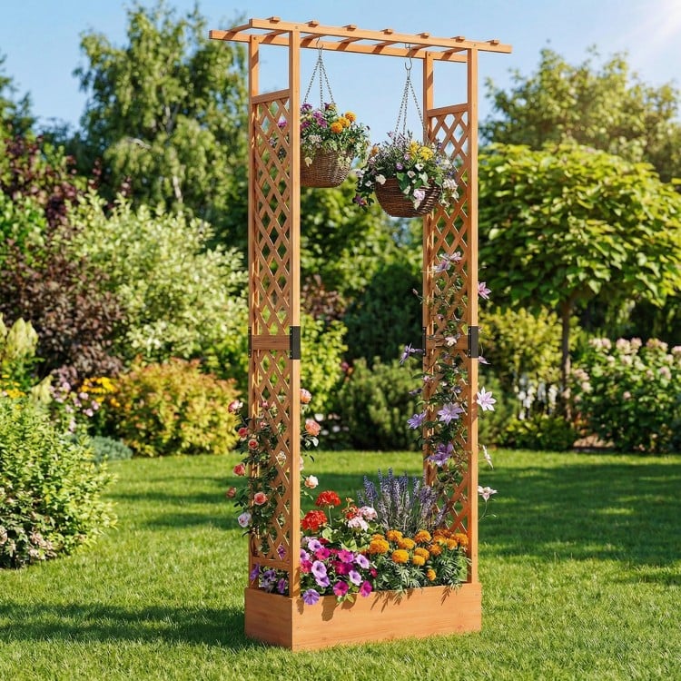 89 Inch Tall Wooden Raised Garden Bed with Side Trellis and Hanging Roof Drainage Holes-Orange