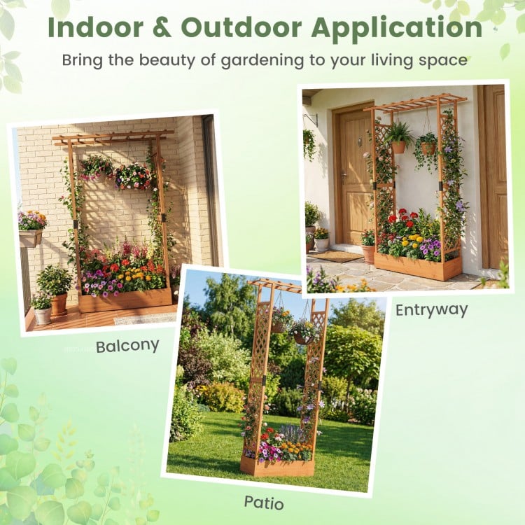 89 Inch Tall Wooden Raised Garden Bed with Side Trellis and Hanging Roof Drainage Holes-Orange