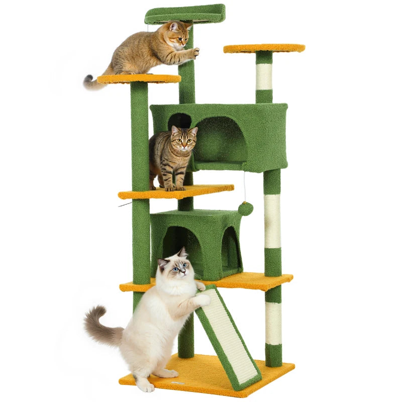 54" Cat Tree, Multi-Level Cat Tower with Scratching Posts, Cat Condos, Bed, Platforms, Ramp, Toy Ball, Green