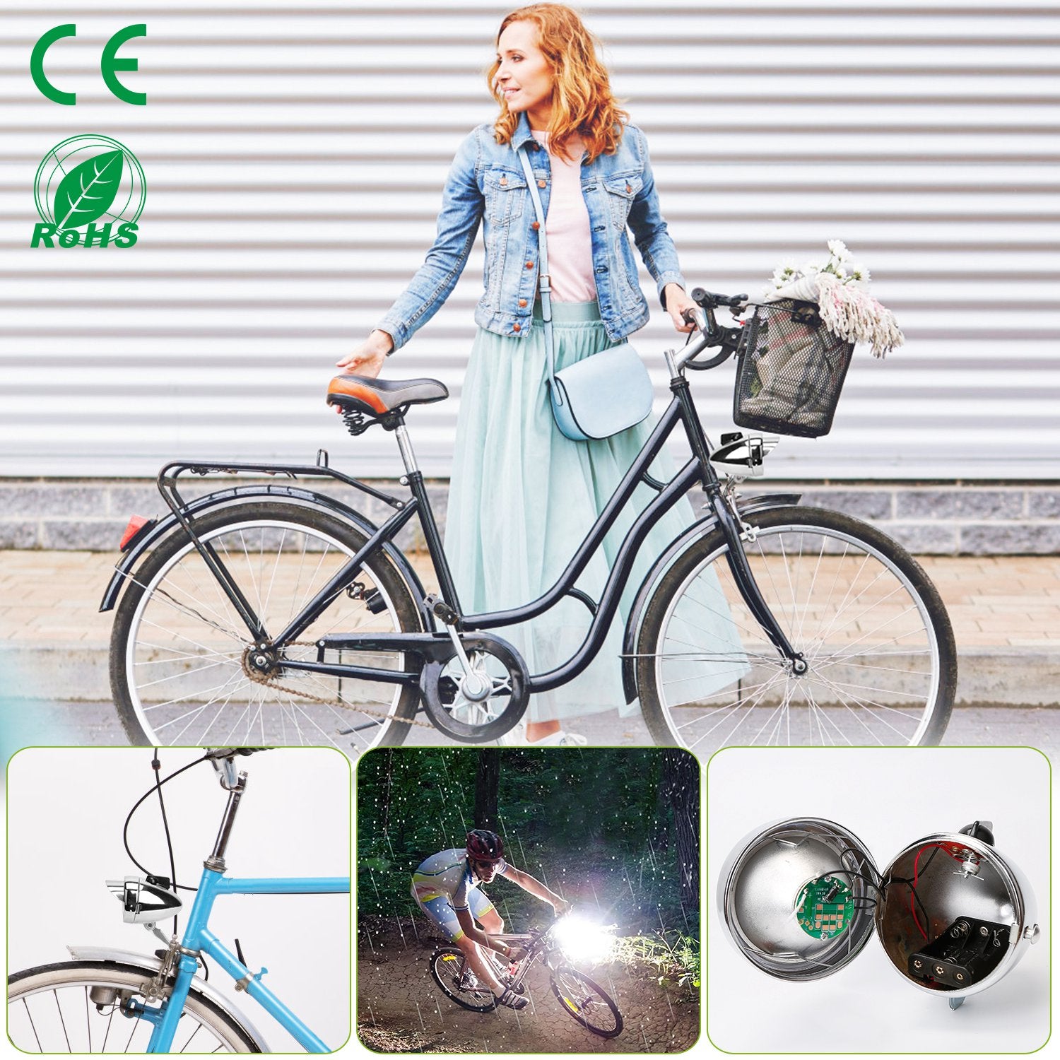 Vintage Bicycle Front Headlight Retro Metal Chrome Silver Shell Bright Bike LED Light Night Riding Safety Cycling Fog Light Headlamp with Bracket