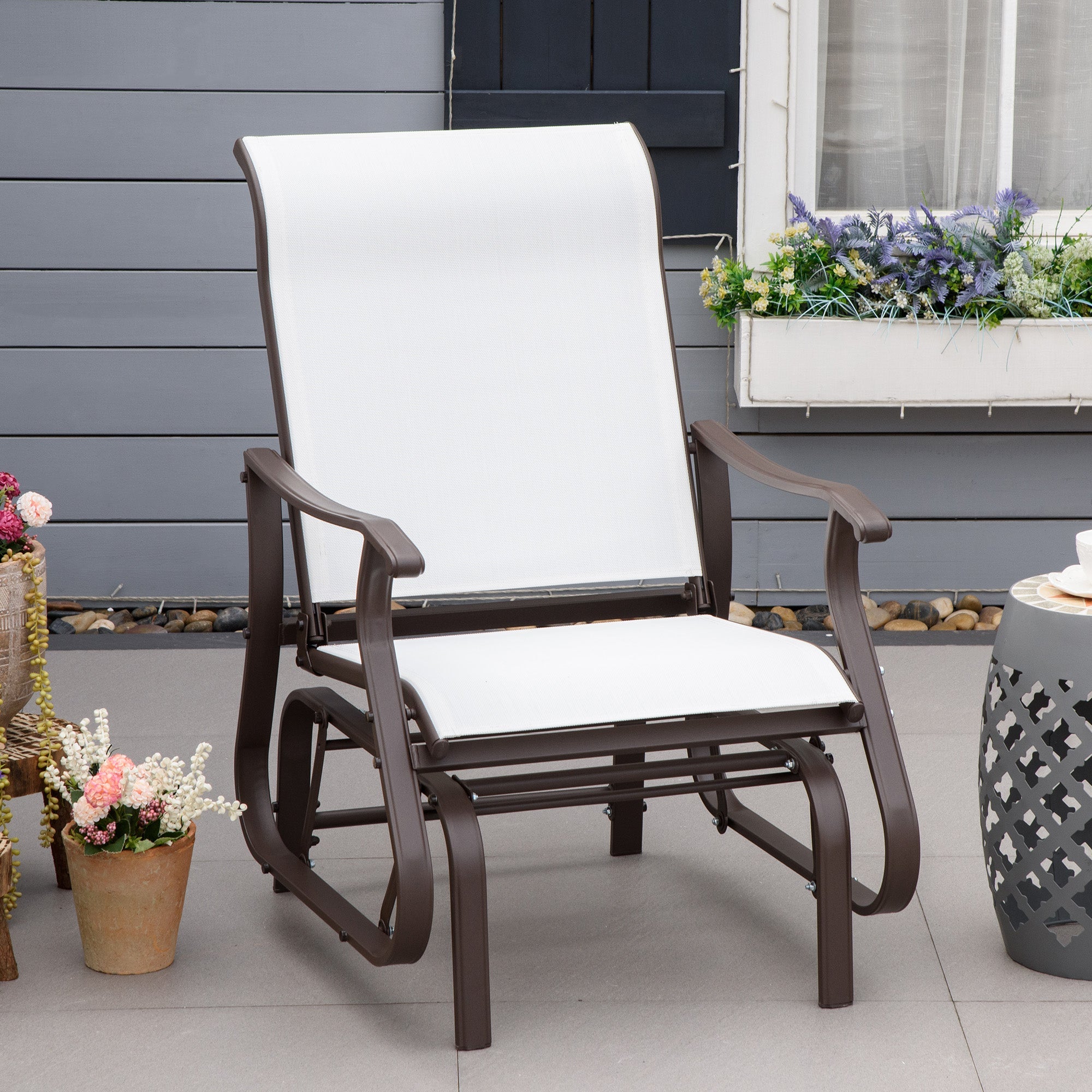 Outsunny Outdoor Glider Chair, Patio Glider with Steel Frame and Mesh Fabric, Garden Chair for Backyard, Garden, and Porch, Cream White