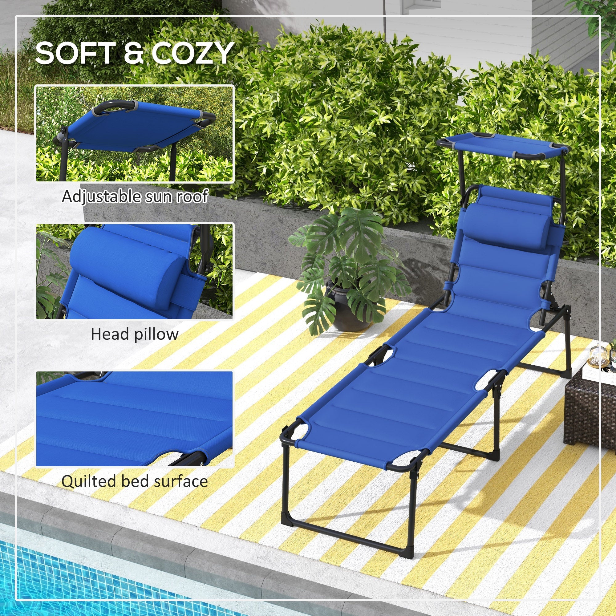 Outsunny Adjustable Folding Chaise Lounge Chair with Sunroof Quick Dry for Patio Blue