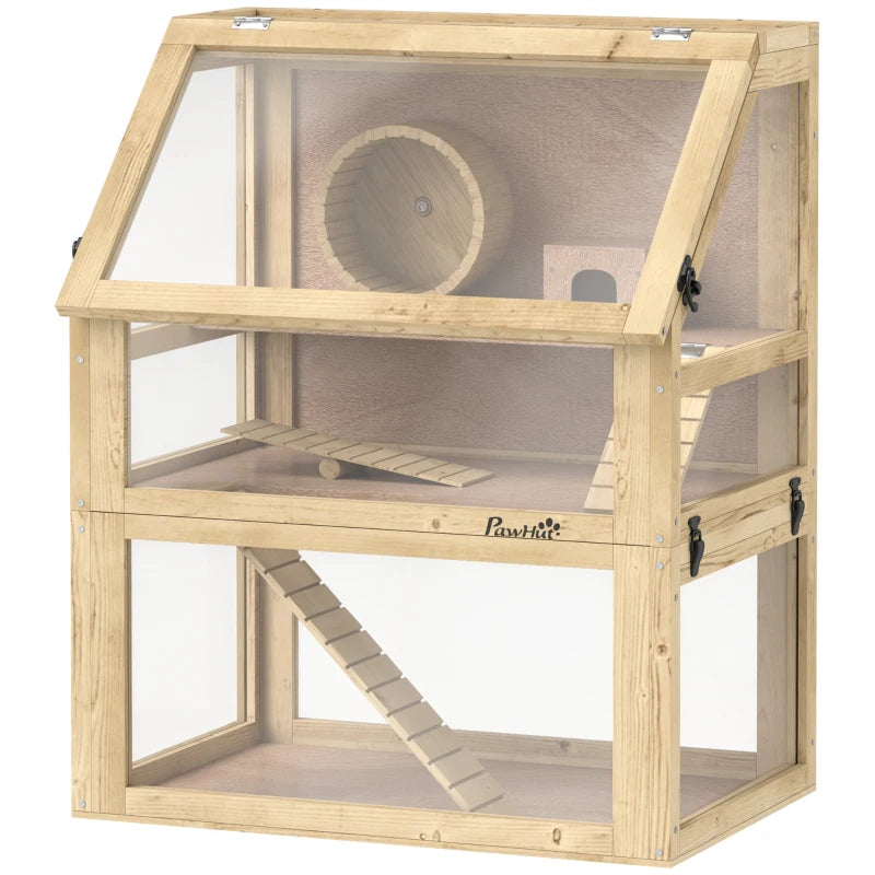 Wooden Hamster Cage, 3 Tier Gerbil Cage with Deep Bottom, Hut, Seesaw, Exercise Wheel, Ramps, 24" x 16" x 29.5"