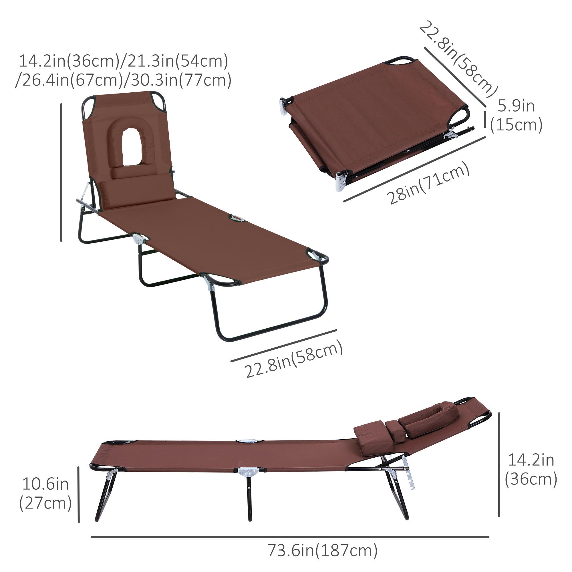 Outsunny Sun Lounger with Reading Hole, Adjustable, Foldable, for Beach & Camping, Outdoor Recliner - Brown