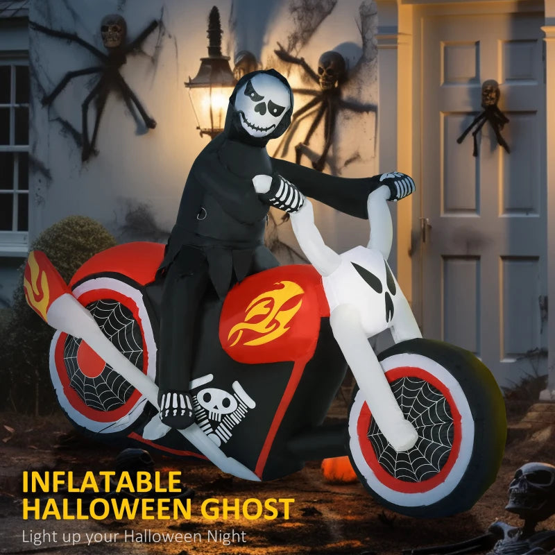 HOMCOM 6ft Inflatable Grim Reaper on Flaming Motorcycle – LED Lighted Halloween Outdoor Decoration
