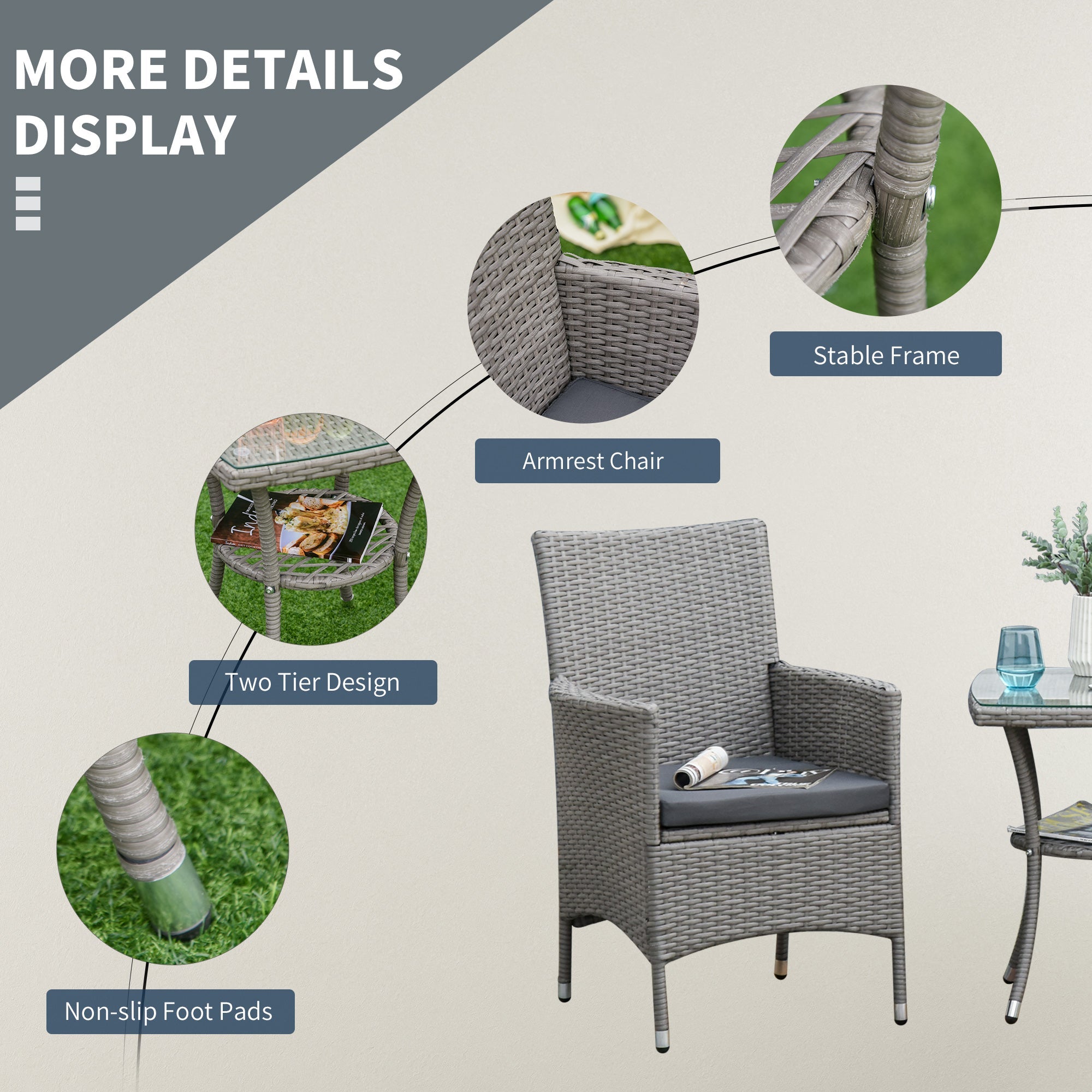 Outsunny 3PC Rattan Patio Bistro Set - Outdoor Furniture with Armchairs, Glass Coffee Table, Grey