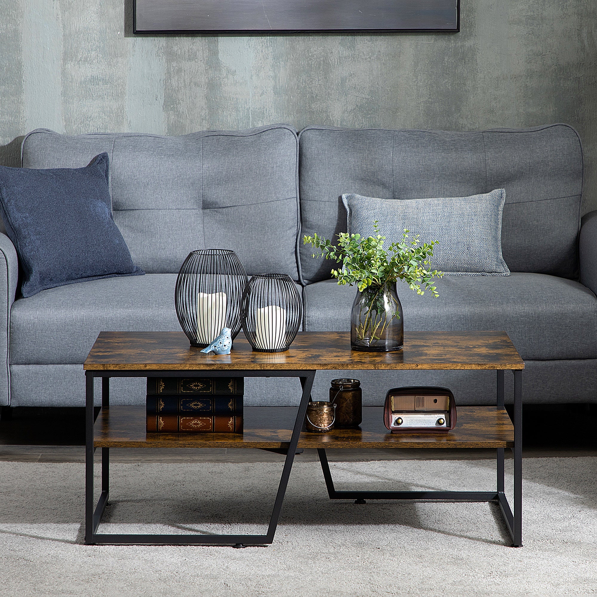 HOMCOM Rustic Brown Coffee Table with Shelf: Center Table with Steel Frame, Adjustable Foot Pads for Living Room