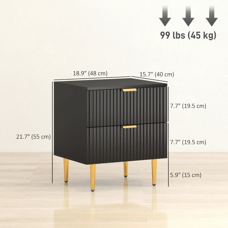 Bedside Table Set of 2, Modern Nightstand with 2 Drawers, Side End Table with Metal Legs for Living Room, Bedroom, Black